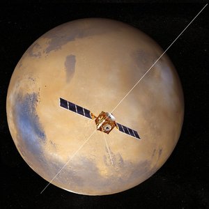 Mars Express in orbit around Mars with the MARSIS antenna unfurled
