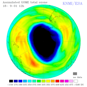 Ozone hole over the south pole 18 September  2001