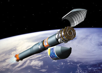 Artist's impression of launcher carrying two Cluster spacecraft into orbit