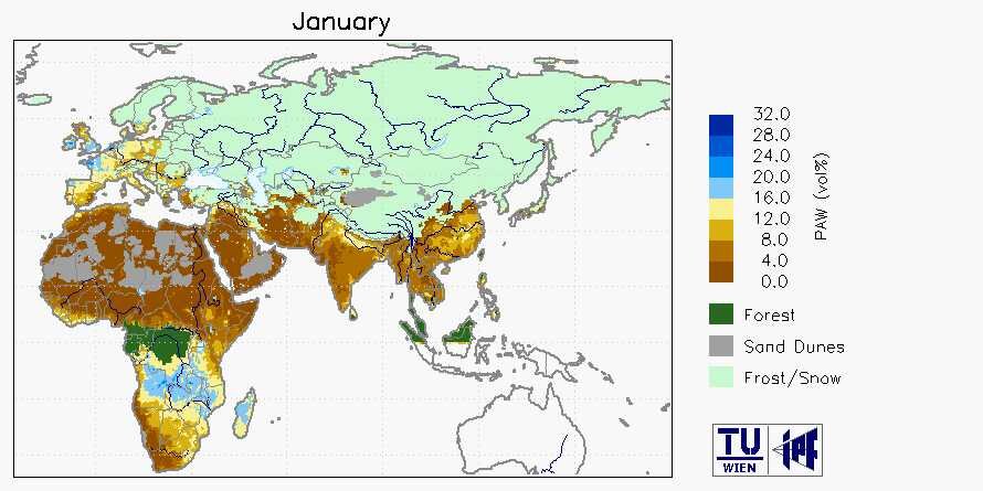 Map of the plant-available-water for Africa for the month January