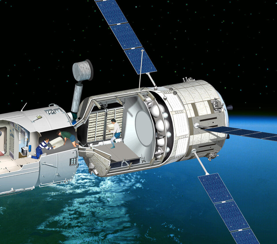 ATV becomes an extension of the station. The 45 m³ pressurised module delivers up to 6.6 tonnes of equipment, fuel, food, water and air for the crew.