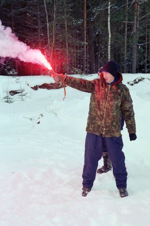 Frank De Winne during his winter survival training in a Russian forest