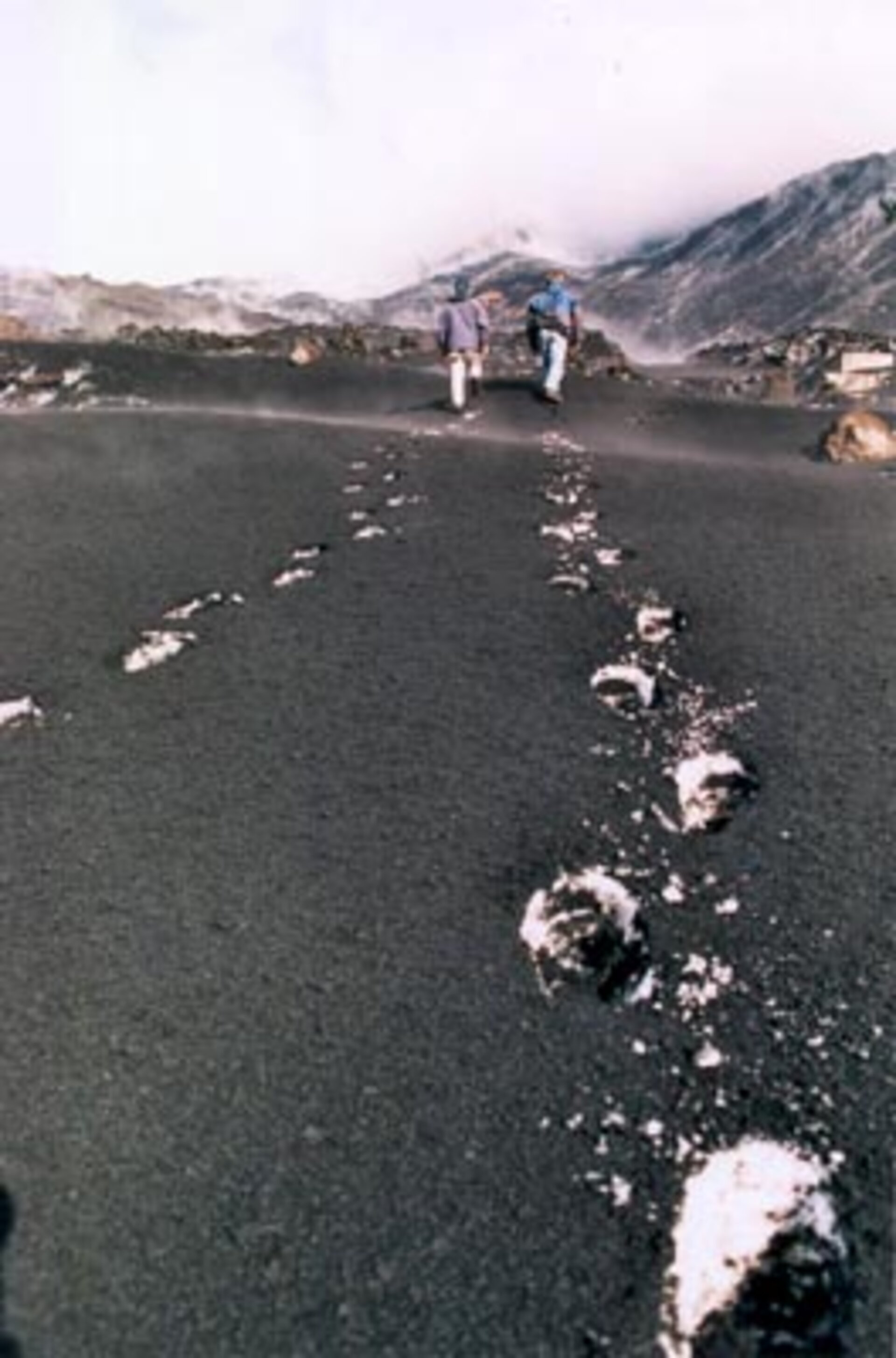 Footprints in the snow and ash of Etna