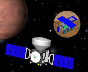 Artist's impression of the ExoMars orbiter with descent module and the rover