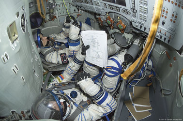Pedro Duque during training in the Soyuz simulator at Star City