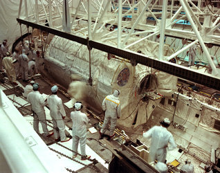 Spacelab-1 integration with Shuttle, August 1983