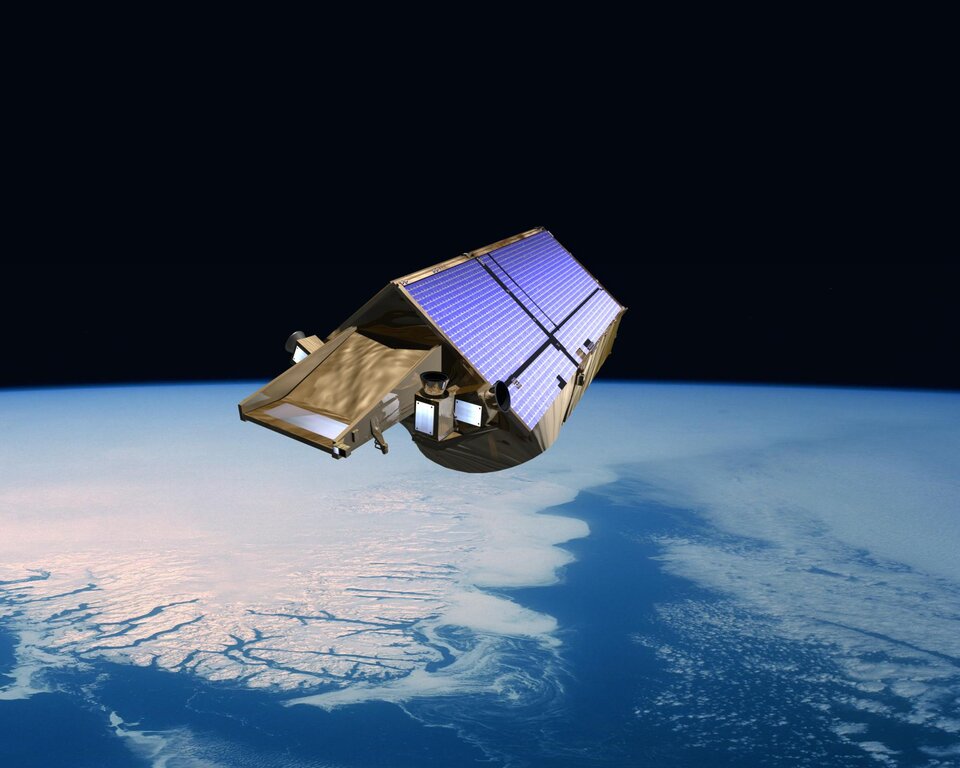Artist's impression of CryoSat flying over southern Greenland