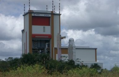 The Ariane 5 launcher being moved from the BIL in front of the BAF entrance