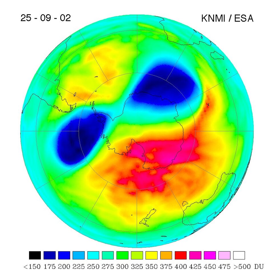 Ozone hole over the South Pole during 25 Sept. 2002, monitored by GOME