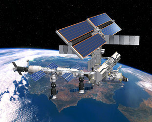 Artist's impression showing ISS in its current configuration over Spain