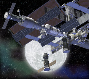 Artist's impression showing the Soyuz docking with ISS against a Moon background