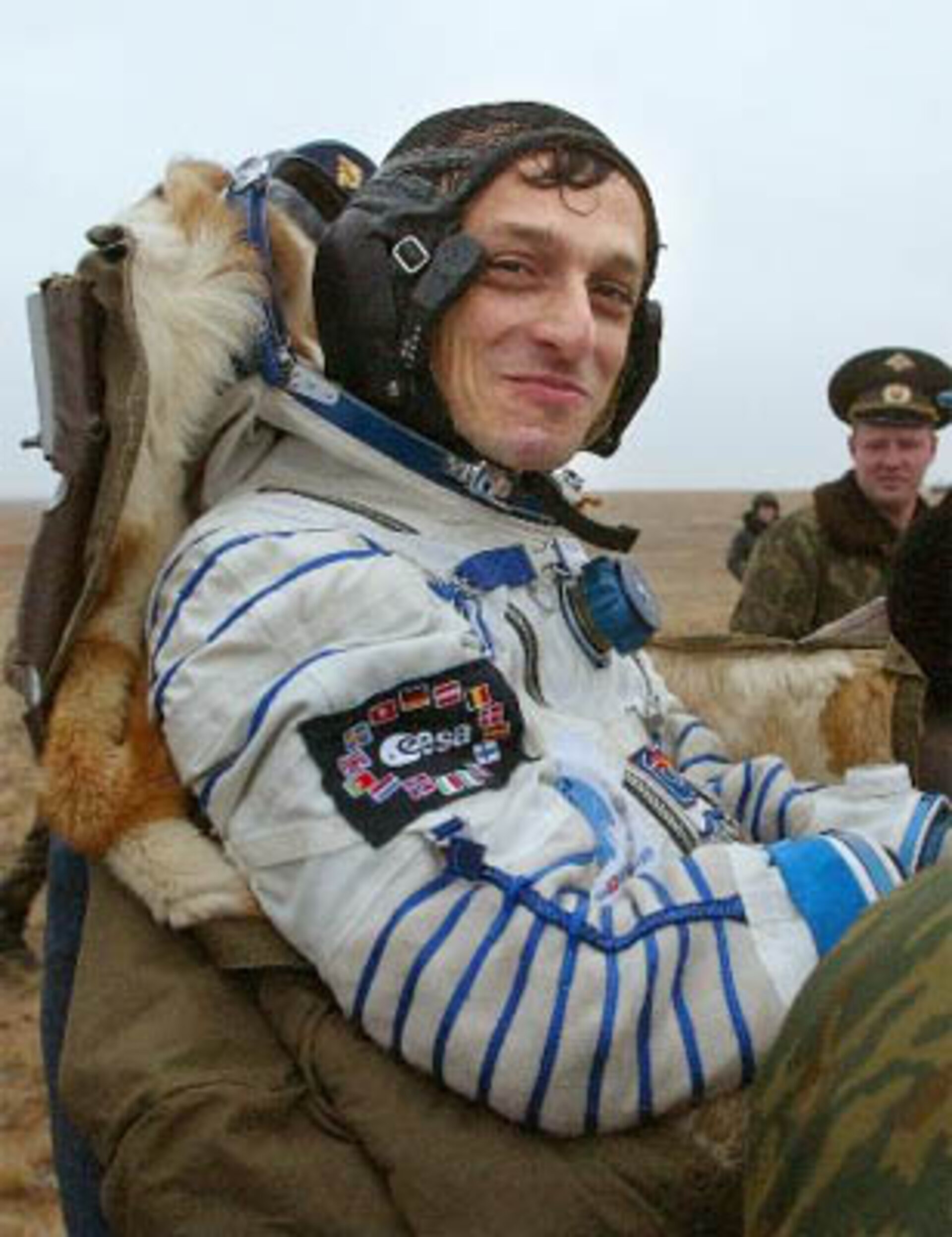 Spanish astronaut Pedro Duque shortly after landing