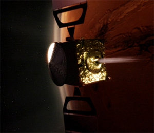 Mars Express orbiter's main engine firing for orbital adjustment