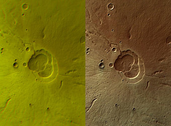 Hecates Tholus volcano in 3D and in colour