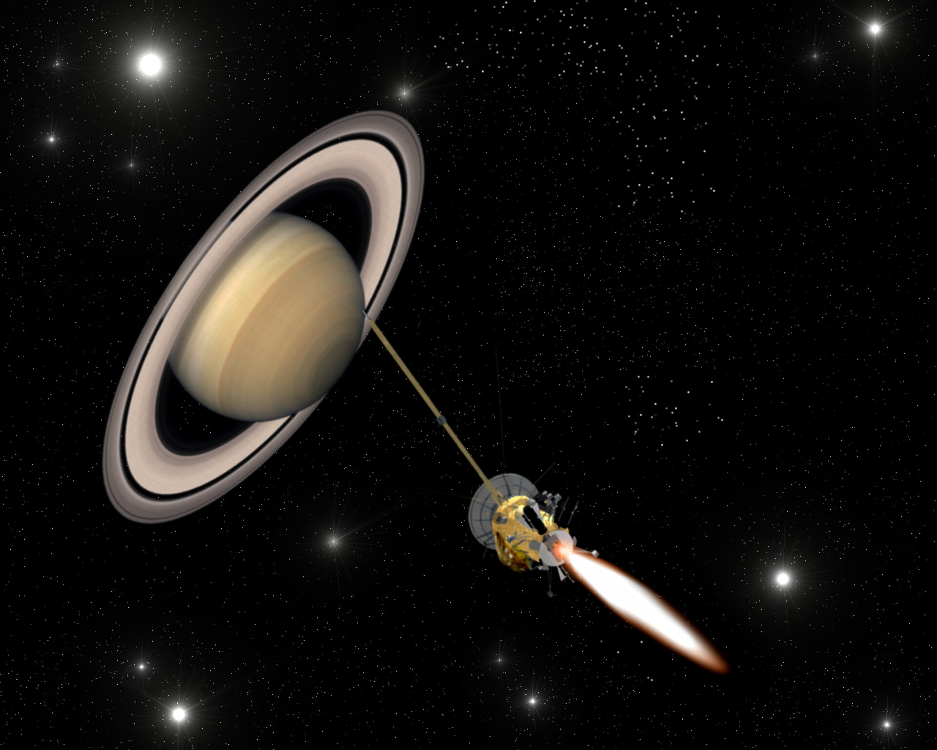 Cassini-Huygens über dem Saturn (künstlerische Darstellung)