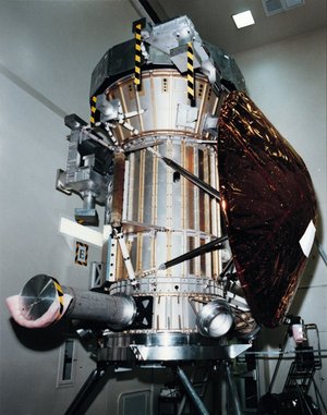 View of the Huygens probe mounted on Cassini, showing heatshield