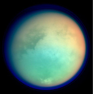 Titan in false colour, seen during close fly-by