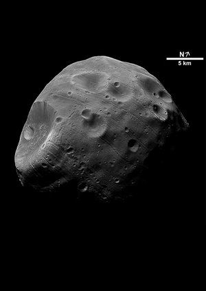 Phobos in black and white, close-up
