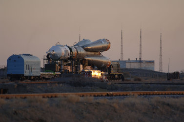 Early morning roll-out of the Soyuz launch vehicle ahead of the Eneide Mission to the ISS