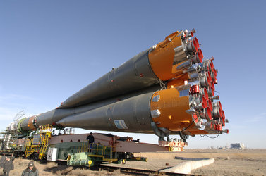 Soyuz launcher is transferred to the launch pad ahead of the Eneide Mission