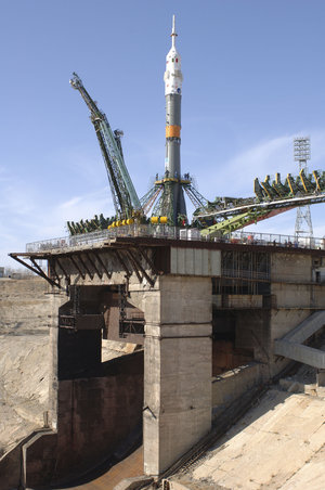 Soyuz launcher stands upright on the launch pad at Baikonur Cosmodrome ahead of the Eneide Mission