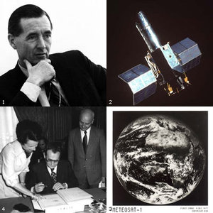 1. First Director General, Gibson  2. IUE satellite  3. Meteosat first image  4. Signing the ESA Convention