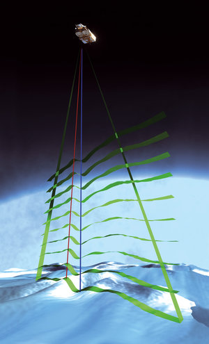 CryoSat measuring ice sheet topographic surfaces.