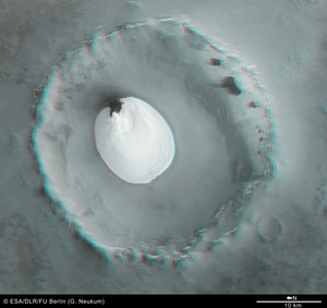 3D anaglyph view of crater with water ice