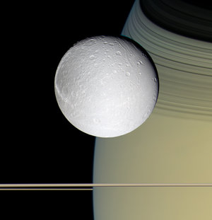 View of Dione with Saturn and rings as background