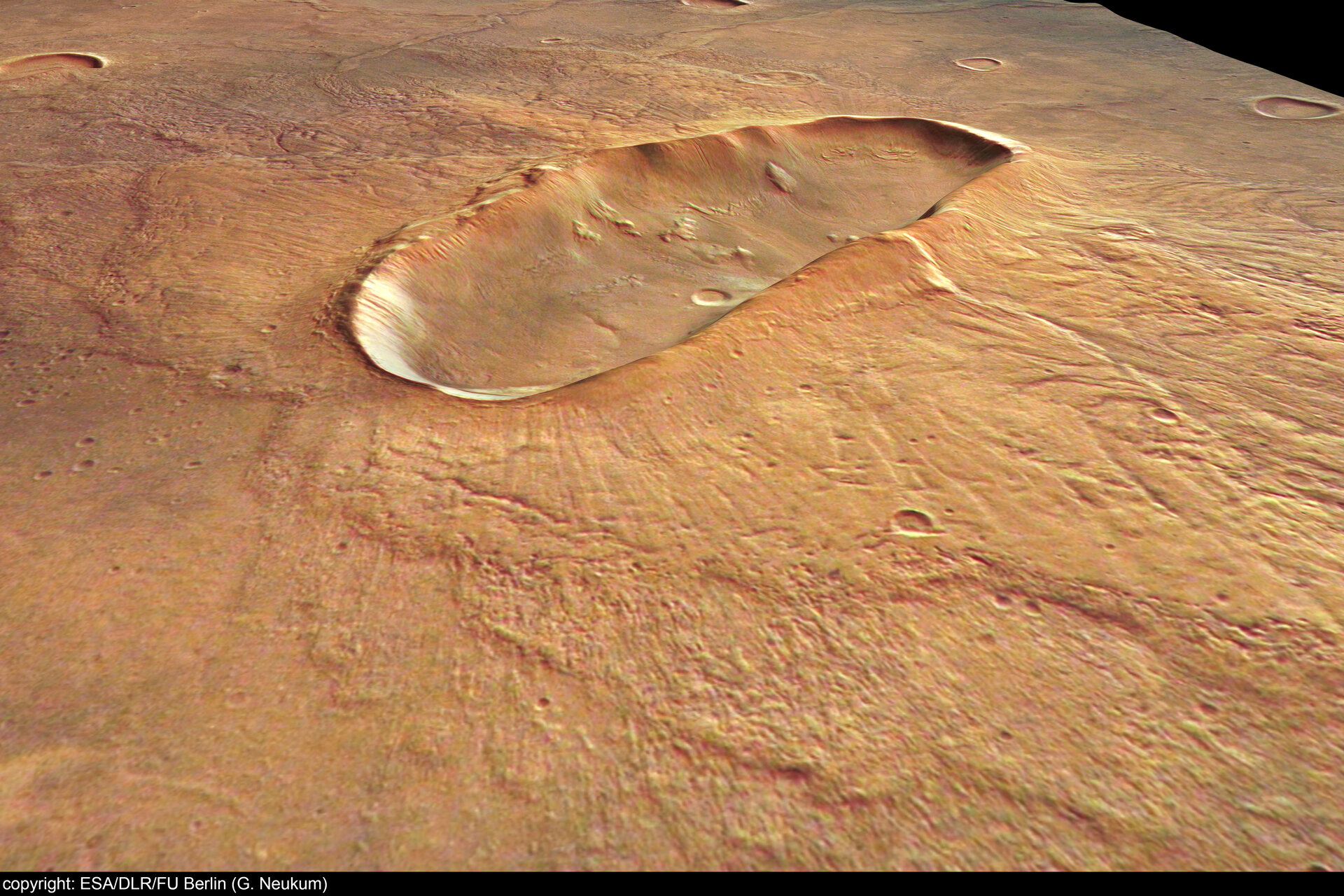 Close-up perspective view of 'butterfly' crater - looking north