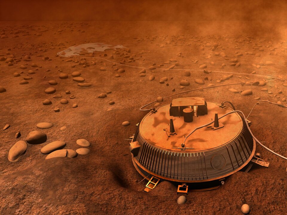 Huygens kurz nach der Landung auf dem Saturnmond Titan - graphische Darstellung