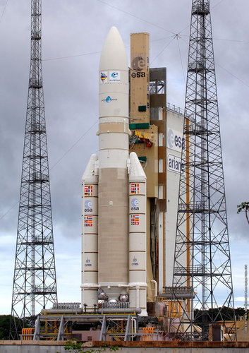 The Ariane 5, V170  launcher sits on its mobile launch table