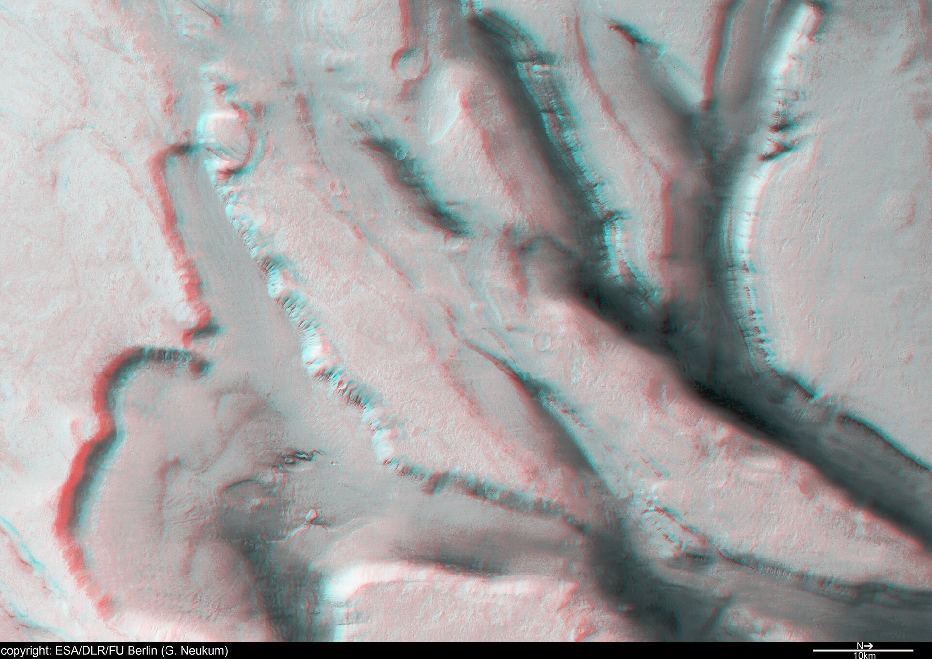 3D anaglyph view of grabens in Tempe Terra