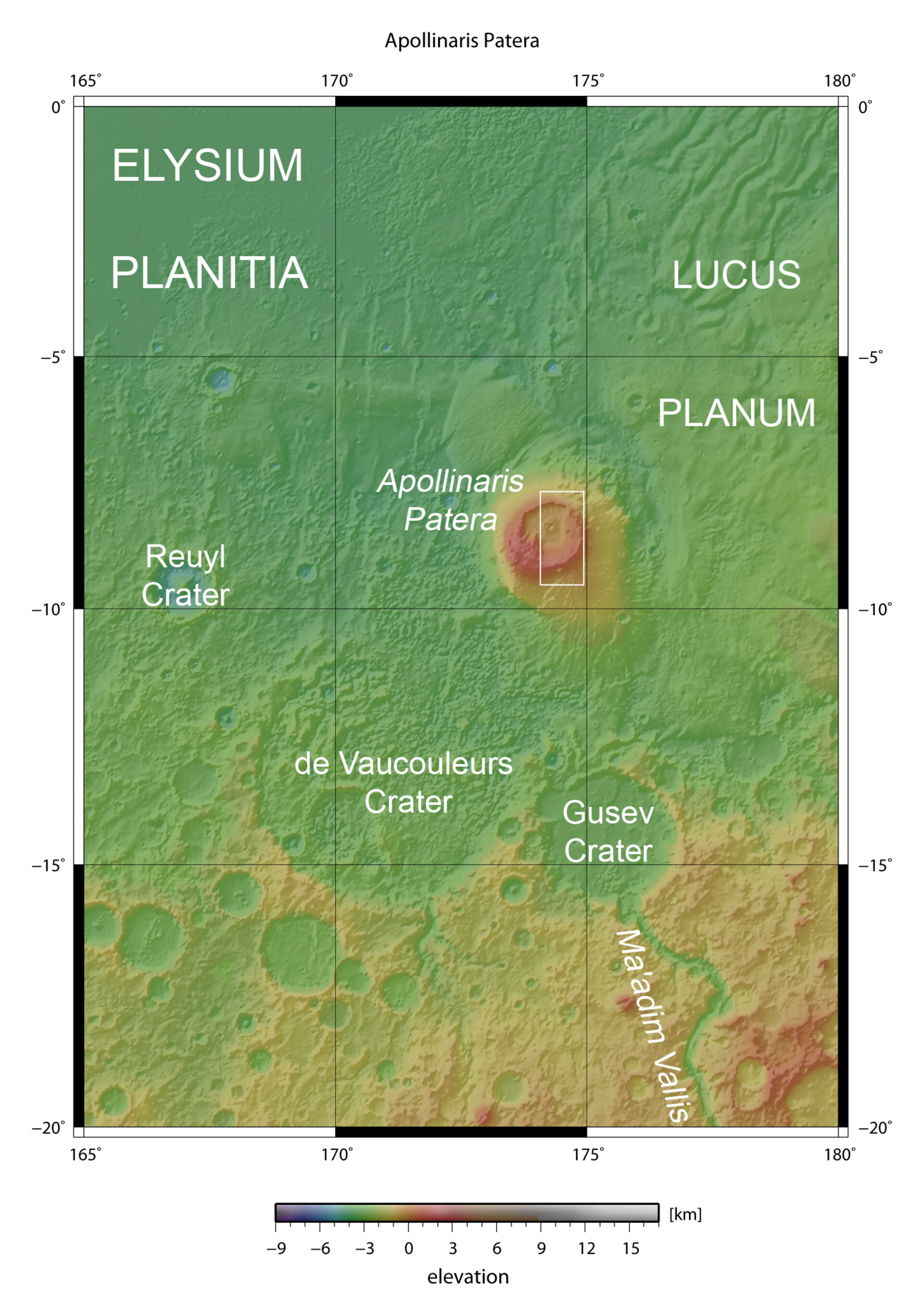 Map showing Apollinaris Patera in context