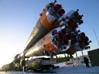 Soyuz launcher being moved to launch pad