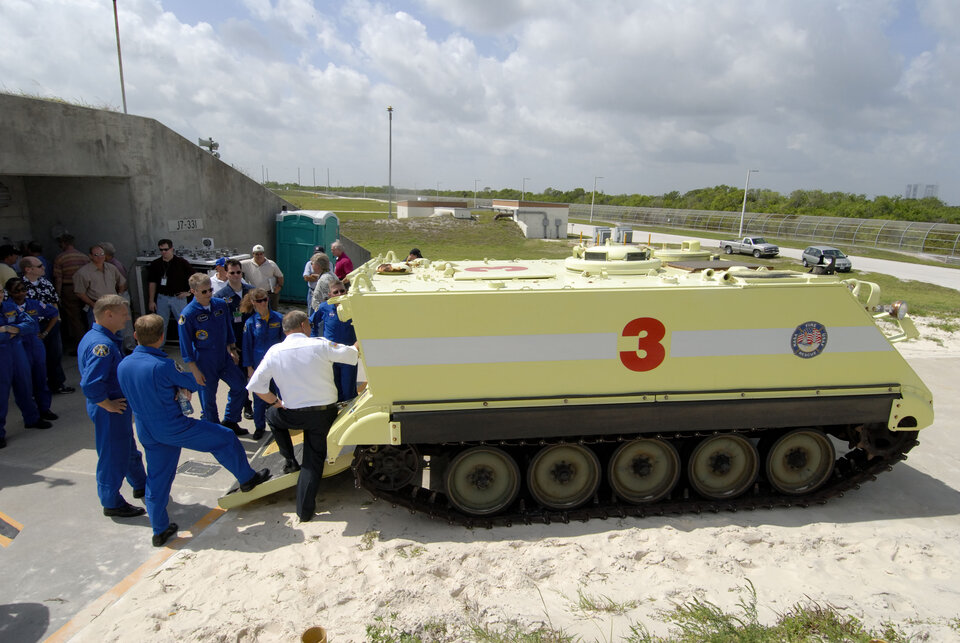 STS-121 crew are shown a fire rescue vehicle at NASA's Kennedy Space Center