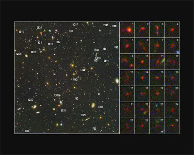 Close-ups of 28 young distant galaxies