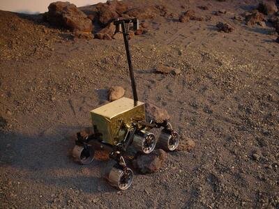 The chassis of the EXOMArs Demonstration Rover model-D (EXOMARS-D) showing its cross-country ability