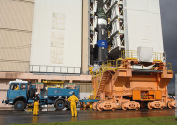 Vega first stage engine leaving booster integration building