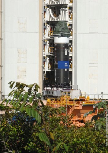 Vega first stage engine leaving booster integration building