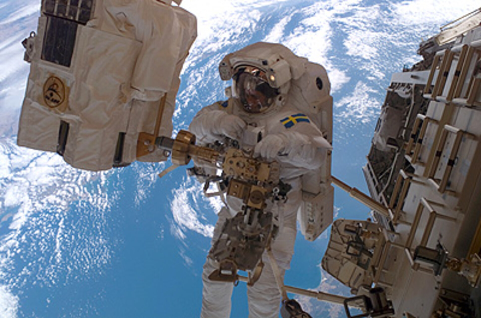 Swedish ESA astronaut Christer Fuglesang during a spacewalk