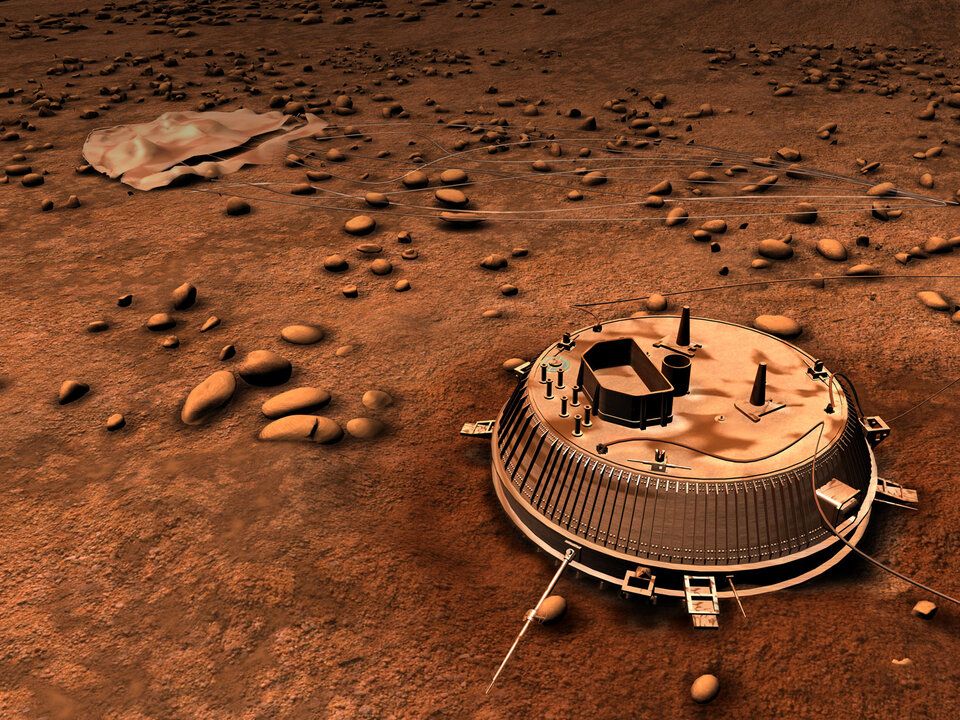 Přistání modulu Huygens na měsíci Titan v představách malíře