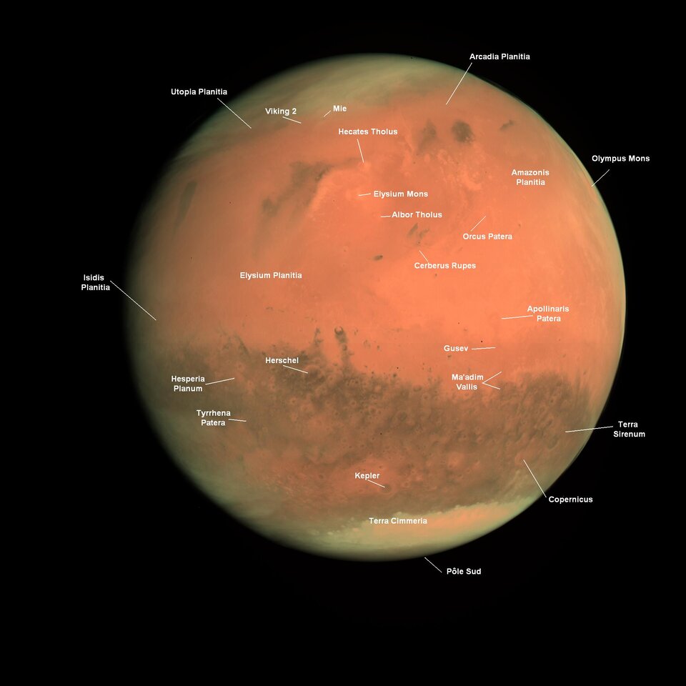 Annotated image of Mars seen by OSIRIS
