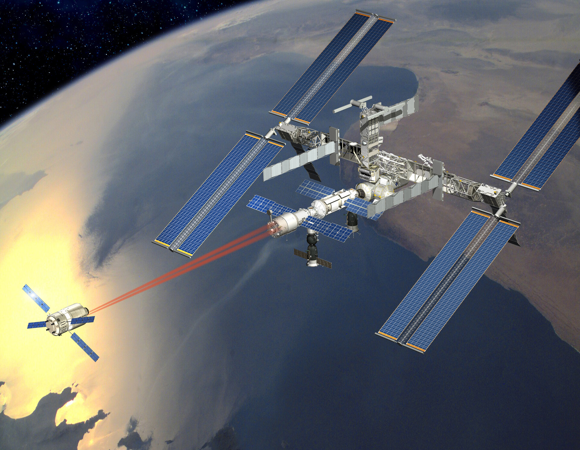 Mittels Laserstrahlen wird ATV auf den letzten Metern zur ISS dirigiert
