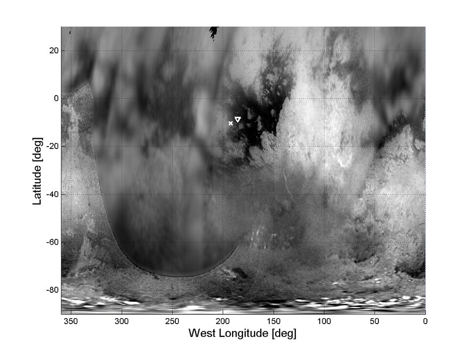 Huygens atmospheric entry point and landing spot on Titan