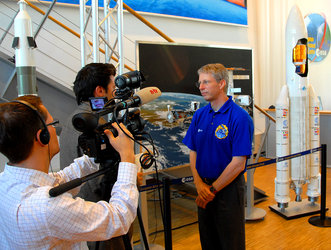 ESA astronaut Thomas Reiter is interviewed during the Astrolab post-flight tour