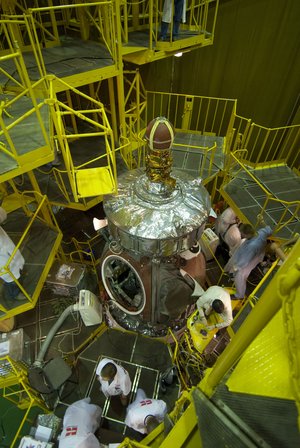 Preparation of the Foton-M3 spacecraft in the MIK Building at Baikonur Cosmodrome