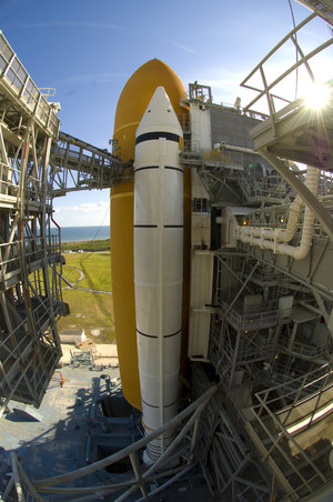 A view of NASA's Space Shuttle Atlantis at it sits on the launch pad ahead of the STS-122 mission to install Columbus