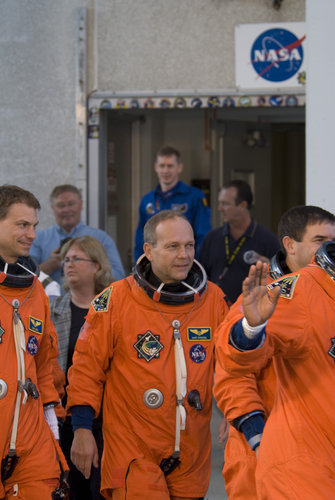 Hans Schlegel and STS-122 crew during the practice countdown at NASA's Kennedy Space Center, Florida