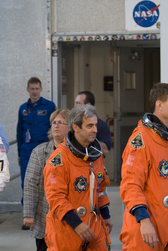 Léopold Eyharts and the STS-122 crew during the practice countdown at NASA's Kennedy Space Center, Florida